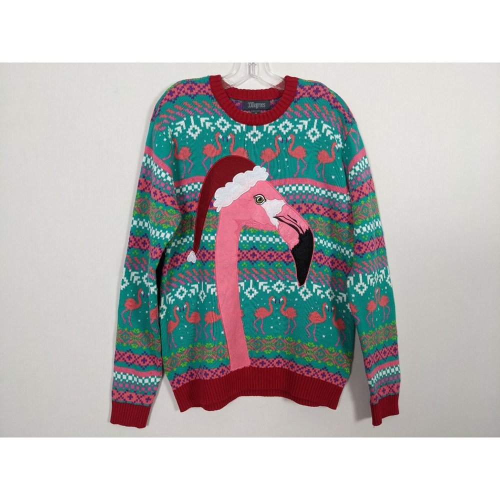 33 Degrees Christmas pink Santa Flamingo sweater sz M - Picture 1 of 10